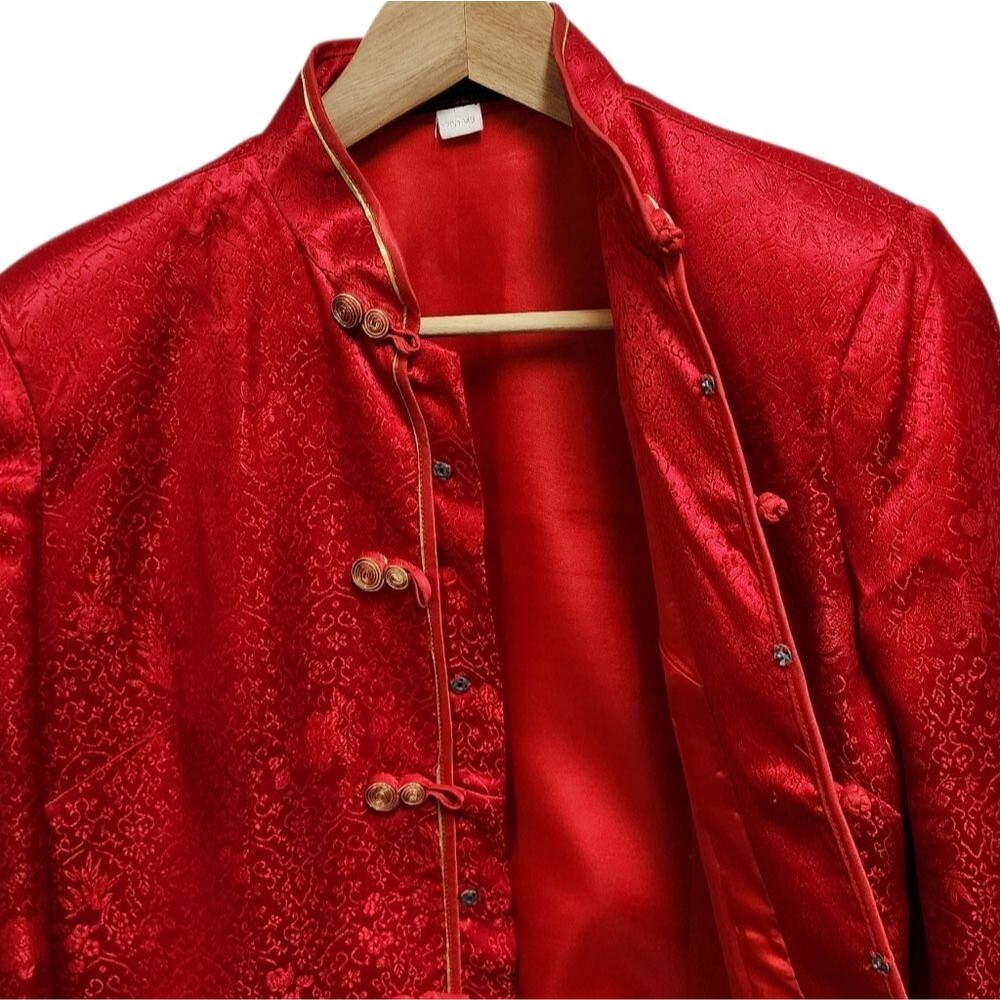 Chinese Womens Tang Jacket Red Gold Floral Satin Knot Asian Party Wedding Sz L - Picture 5 of 10